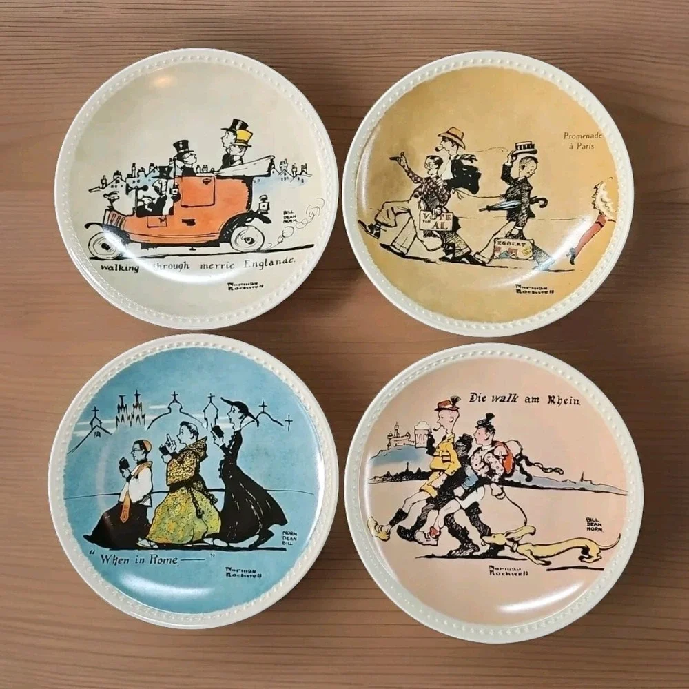 Norman Rockwell European Tour Newell‎ Pottery Plate Set 4pc Brand New